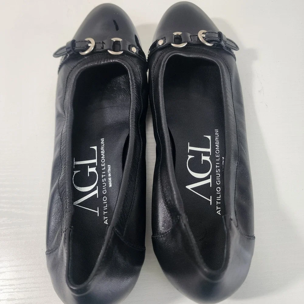 AGL Attilio Giusti Leombruni Ballet Flats Black Leather Patent Cap Toe Buckle 41 - Picture 12 of 12